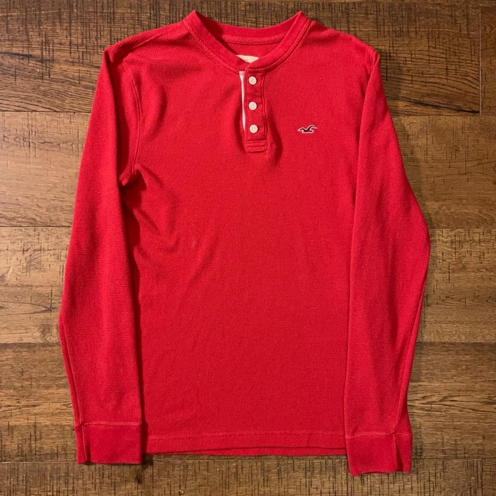 Hollister Henley Shirt Mens M Red Americana Thermal Waffle Knit Long Sleeve